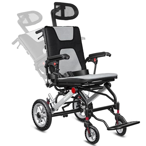 Reclining Transport Wheelchairs for Adults Lightweight Foldable Transport Chair with Telescopic Handle Portable Folding Travel Transfer Wheel Chairs for Seniors