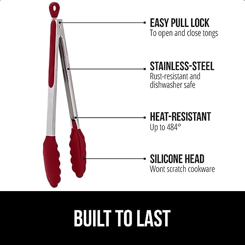 Image of GORILLA GRIP Stainless Steel Heat Resistant Kitchen Tongs for Cooking, 9 + 12 Inch, Set of 2 BBQ Tong, Non Scratch Silicone Tip for Pan, Strong Grip, Grab Food, Toss Salad, Air Fryer, Pull Lock, Red