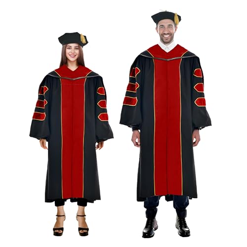 Image of Deluxe Graduation Doctoral Gown Doctoral Hood and Tam 8 Sided Package with Gold Piping Doctoral Regalia