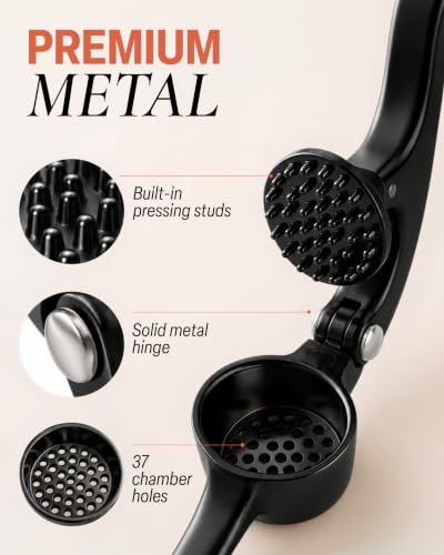 Image of Zulay Kitchen Premium Garlic Press Set - Rust Proof Professional Garlic Mincer Tool - Easy-Squeeze, Easy-Clean with Soft, Ergonomic Handle - Silicone Garlic Peeler & Brush (Black)