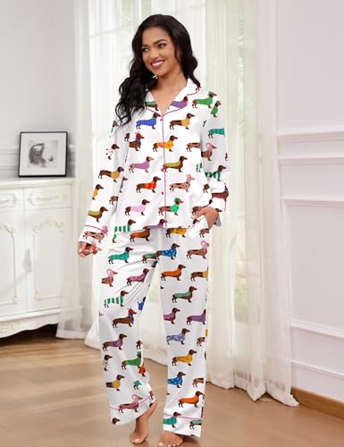 Image of SHESHOW Satin Pajamas Set for Women Set Long Sleeve Button Down Pjs Sets 2 Piece Loungewear Animal Sleepwear XS-XXL
