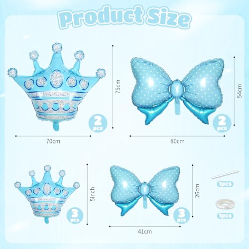 Image of 10pcs Blue Crown Balloons And Blue Bow Balloon, Light Bows Balloons, Large Crown Foil Balloon With Two Sizes For Birthday Baby Shower Theme Party Wedding Bridal Shower Anniversary Decor