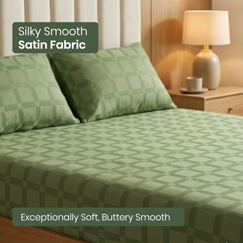 Image of Mush Satin Bedsheet King Size with 2 Pillow Case | 400 TC Bedsheets for King Size Bed | Cooling, Soft & Breathable Satin Bed Sheet, Premium Bedsheets Kingsize (Forest Green, Jacquard Collection)