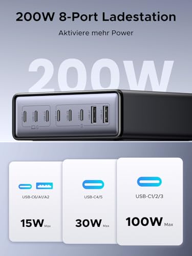 UGREEN USB C Ladegerät 200W GaN Netzteil 8-Port Desktop Ladestation PD Charger 100W Schnellladegerät mehrfach unterstützt PPS kompatibel mit MacBook Pro/Air, iPhone Serien, Galaxy Serien usw. – Bild 3