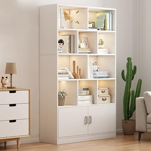 178cm Tall Bookcase Wooden Display Cabinet with 2 Doors and Multi-Tier Open Shelf Storage Vertical Floor Standing Bookshelf for Living Room Bedroom Home and Office White (SGG029B-80)