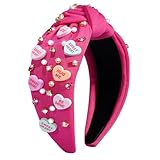AENMTU Valentine’s Day Headband for Women Girls Top Knot Jeweled Rhinestone Velvet Plush Hair Accessories Pink Red Heart Clothes Outfit