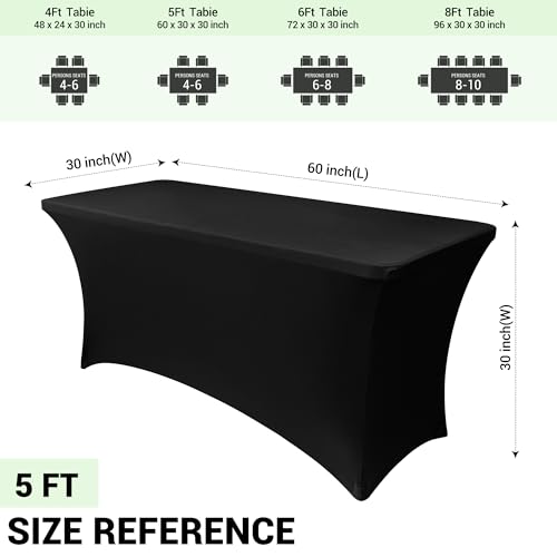 Image of Obstal Spandex Table Cover 5ft Fitted Tablecloth Rectangular - Black Rectangle Folding Table Cloth for Birthday Party Wedding Banquet, 60L x 30W Inch