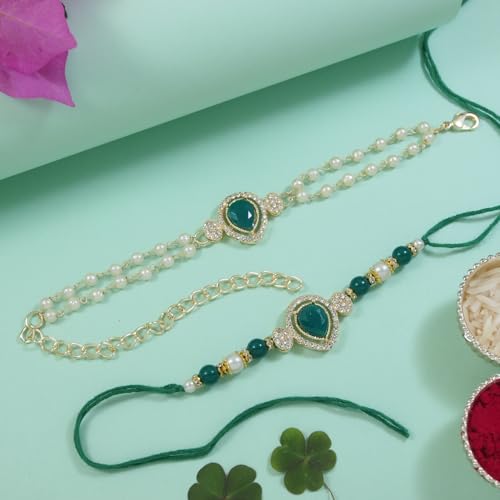 Image of I Jewels Designer Kundan Pearl Bhaiya Rakhi With Roli Chawal for Brother /Bro /Men with Rakshabandhan Card