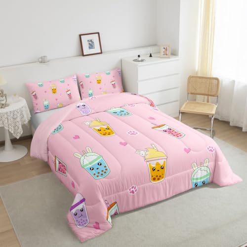 Image of Feelyou King Size Milk Tea Comforter Set - Cartoon Bubble Tea Bedding for Kids, Boys, Girls, Adults - 3Pcs Pearls Duvet Insert for Bedroom Decor