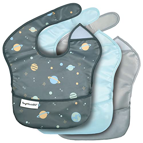 Image of Tiny Twinkle Mess-Proof Baby Bib - Waterproof Bib for Baby Boy or Girl - Machine Washable - Adjustable Closure - PVC, BPA, & Phthalate Free - Great for Travel - Baby Food Bibs (3 Pack, Space)