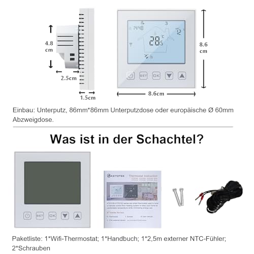 KETOTEK Smart Thermostat Fussbodenheizung Elektrisch WiFi 16A Kompatibel mit Alexa, Raumthermostat Elektrische Fußbodenheizung Digital WLAN 230V mit Smart Life/Tuya APP Steuerung, Weiß, Unterputz