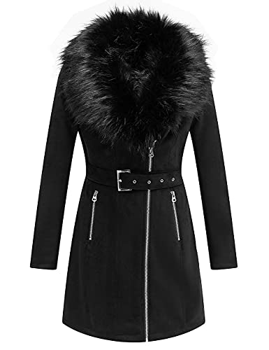Bellivera Women's Pea Coat Faux Suede Leather Long Jacket Wonderfully Heavy Outerwear with Detachable Fur Collar 19249 Black M