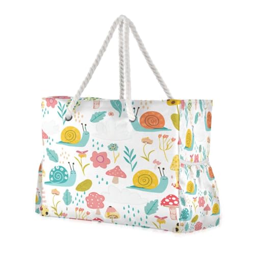 Cute Snail Beach Tote Bag for Women Large Pool Bags Carry On Bag With Wet Compartment for Beach Travel with Pocket Zipper Outdoor Tote Bag