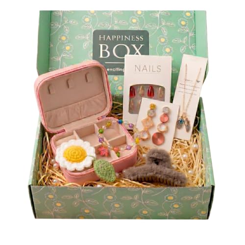 Image of Rakhi Fashion Hamper For Women - Pink PU Leather Travel Jewelry Case Gift Set for Women, Necklace, Hair Claw, Press On Nails, Floral Crochet Keepsake Box for Girlfriend, Sister, Behen, Sis