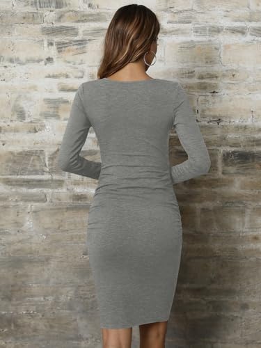 Image of Missufe Women's Long Sleeve Slim Ruched Bodycon Dress 2025 Trendy Fall Casual Round Neck Sheath Knee Length Outfits Clothes
