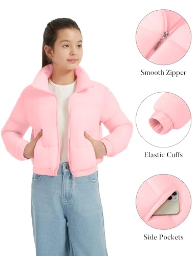 EXARUS Girls Puffer Jacket Warm Water Repellent Oversized/Cropped Stand Collar Pockets Zip up Quilted Short Bubble Coat3