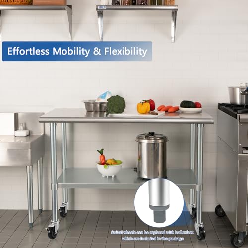 Image of HARDURA Stainless Steel Table with Wheels 30 x 48 Inches Casters NSF Heavy Duty Commercial Work & Prep Table with Undershelf and Galvanized Legs for Restaurant Kitchen Bar and Hotel Garage