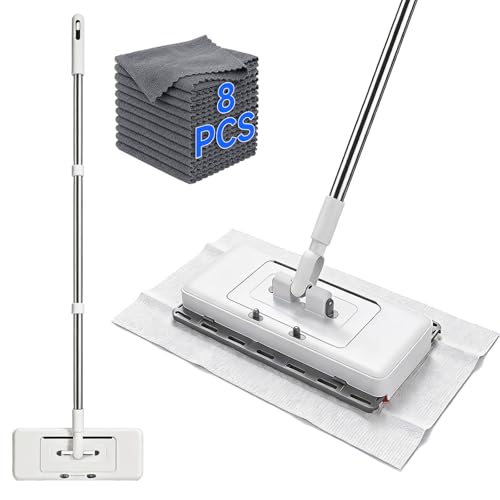 Image of Upgrade Push Clamp Mop Kit - 2-in-1 Full Size Lazy Sweeper Mop with Convenient Cloth Changing, Compatible with Swiffer Pads, Hardwood Tile Marble Floor Cleaning, 52in with 10 Reusable Cloths