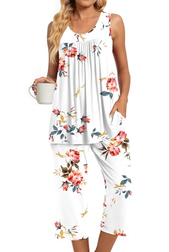 Image of TAOHUADAO Womens Summer 2 Piece Pajama Sets, Sleeveless Tops with Capri Pants, Lounge Ladies Pjs Sets with Pockets
