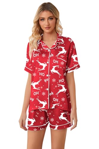 Image of Schbbbta Womens Pajamas, Satin Silky Pjs Set Button-Top 2 Pcs Short Sleeve Sleepwear Soft Comfy Sexy Loungewear Homewear, Red Reindeer Christmas, X-Small