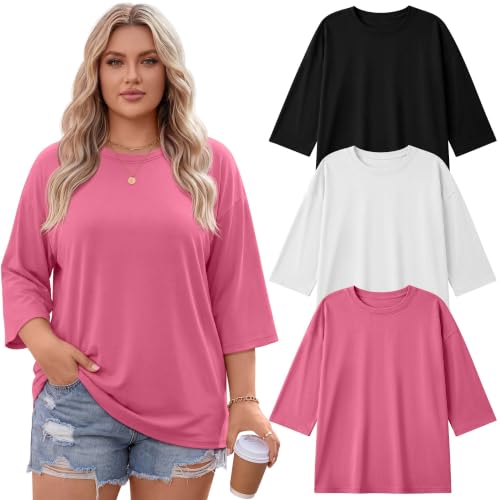 Image of Locoowai 3 Pack Women Plus Size Tops 3 /4 Sleeve Cotton Crew Neck Oversized T Shirts Loose Fit Tee Tunic Casual Blouse