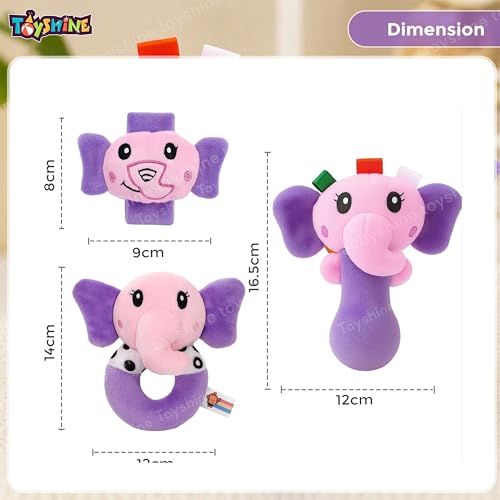 Image of Toyshine Pack of 3 Cute Animal Face Baby Hand Rattles Safe Lightweight and Easy to Hold Soft Stuffed Handy Rattles for Babies Infant Toddlers 6-12 Months - Elephant