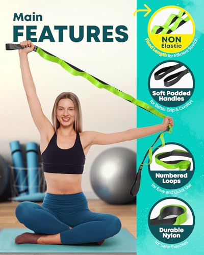 Stretching Strap with Loops - Non Elastic Stretch Band for Physical Therapy, Yoga Strap for Stretching Equipment, Stretch Bands for Exercise and Flexibility - Fascia, Hamstring & Leg Stretcher Belt