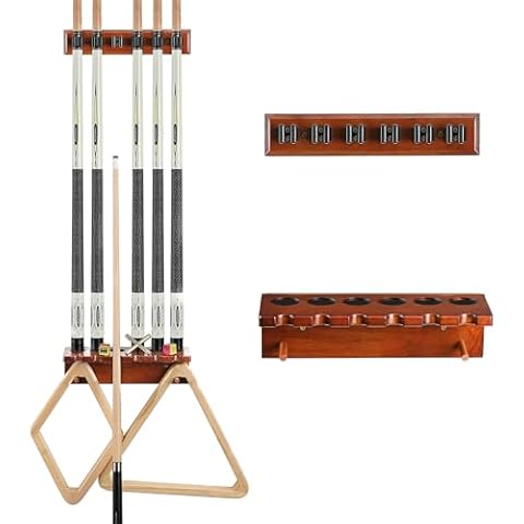 EXTCCT Pool Cue Rack Stick Holder - Wall Mount Billiards Pool Cue Rack Oak Solid Hardwood Pool Cue Set Holder for 6 Cues Sticks Storage Pool Table Accessories Equipment Organizer Cover