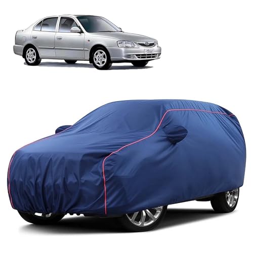Image of Sulfar 100% Water Resistant Car Body Cover Compatible with Mirror for Hyundai Accent (Triple Stitched, Full Bottom Elastic, Blue Taffeta with Red Piping)