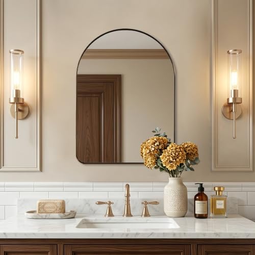 Image of Brushed Champagne Bronze Arched Bathroom Mirror 22x30 Inch | Stainless Steel Metal Frame, HD Glass, Bathroom Vanity Mirror for Over Sink, Modern Design Wall Mounted, MDF Backboard