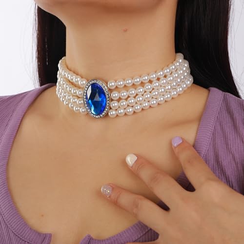 Boho Women Multilayer 1920s Necklace Blue Chunky Dainty Pearls Layered Choker Necklaces Handmade Beads Fashion Chunky Pendant Multilayer Adjustable Layering Chain Necklaces Set for Women (Blue)3