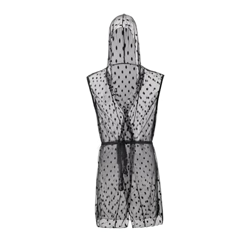 Greenery-GRE Men Sexy Mesh Polka Dot Bathrobe See Through Lace Sheer Lingerie Transparent Pajamas Hooded Sleeveless Nightgown2