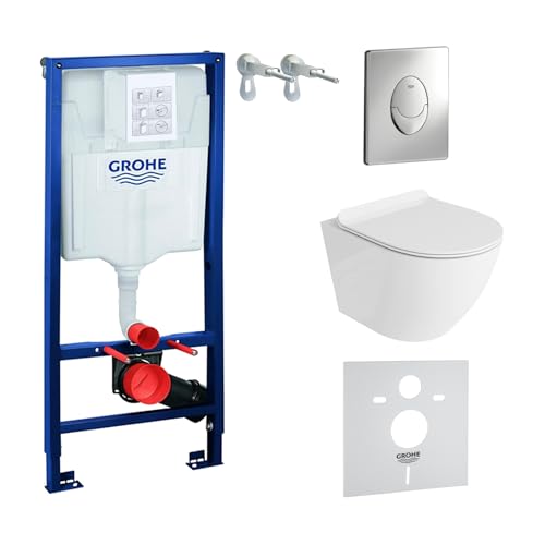 Domino Lavita Wand WC ohne Spülrand + WC-Sitz mit Soft-Close-Absenkautomatik + Vorwandelement inkl. Drückerplatte Skate Air (Sofi, Drückerplatte chrom glänzend)