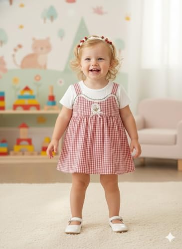 Image of A.T.U.N. (ALL THINGS UBER NICE) Baby Girls Checked Pinafore Style Dress with Inner Tee Short Sleeves | Soft Cotton Fabric | Decorative Front Bow Detail | Stylish Casual for Babies