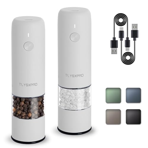 Small Electric Salt and Pepper Grinder Set, USB Rechargeable, Automatic Pepper Mill Grinder with Adjustable Coarseness, Electric Salt Shakers, One Hand Operation for Kitchen (2 Packs, Stainl