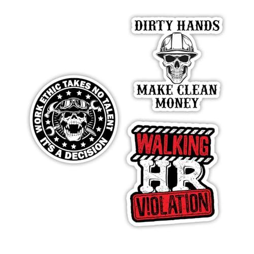 Image of MAIANEY (3 Pcs) Funny Hard Hat Stickers 3x4 Dirty Hands Work Ethic Clean Money Walking HR Violation Waterproof Vinyl Stickers Blue Collar Mechanic Gifts Decorations Laptop Water Bottle Toolbox Window