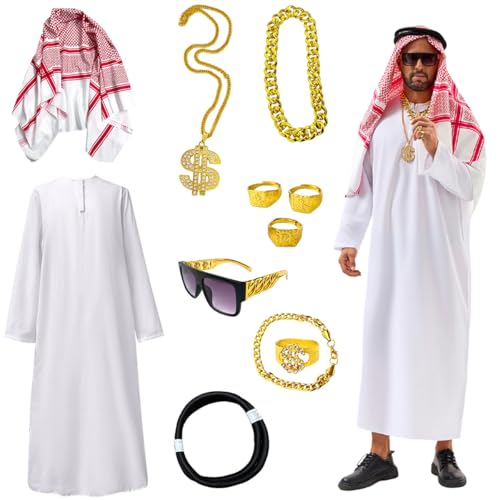 YOSECOSE Mens Arab Costume Middle East Muslim Robe Adult Dubai Halloween Costume with Decoration Set (L)