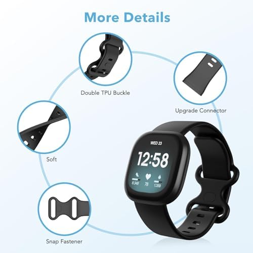 4 Pack Waterproof Bands fit for Fitbit Versa 3 / Versa 4 / Sense/Sense 2 Bands, Classic Soft Sports Replacement Wristbands for Women Men (Black/Grey/Navy/Dark Green, Small 5.5''-7.1'') - 3