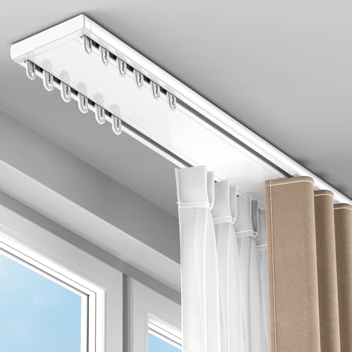 Binario per Tende A Soffitto Doppio in Alluminio Bianco con Scorrevoli da Interno Sopratende Arricciate A 2 Canali Bastone per Tenda su Misura Moderni Scorrimento(A,3.6ft/1.1m)