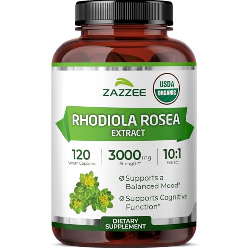 Zazzee USDA Organic Rhodiola 10:1 Extract 120 Capsules 4 Month Supply Rhodiola Rosea Energy Stress & Mental Focus Support Concentrated 10X Extract All-Natural Non-GMO Made in the USA