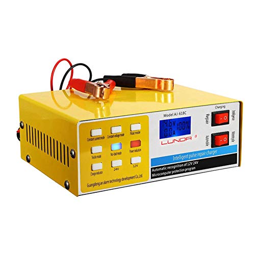 Full Automatic Battery Charger 12V/24V Electric Battery Charger Intelligent Pulse Repair Type 200AH for Motorcycle (yellow)