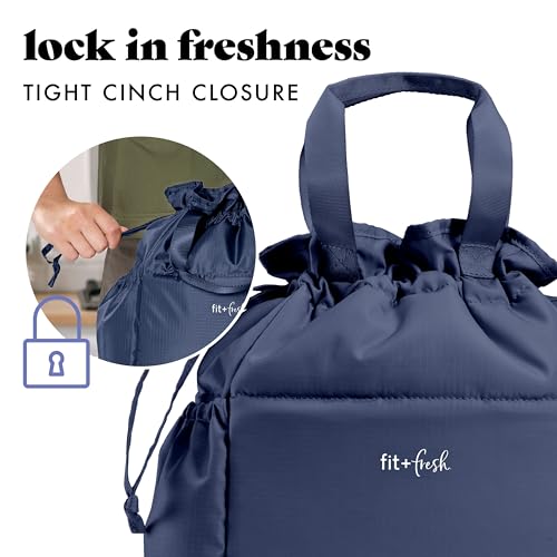Fit & Fresh Cromwell Drawstring Lunch Bag for Women, Complete Lunch Set with 2 Containers, Stain-Resistant, Leak-Resistant, Back to School Essential, Teacher Lunchbox, Navy