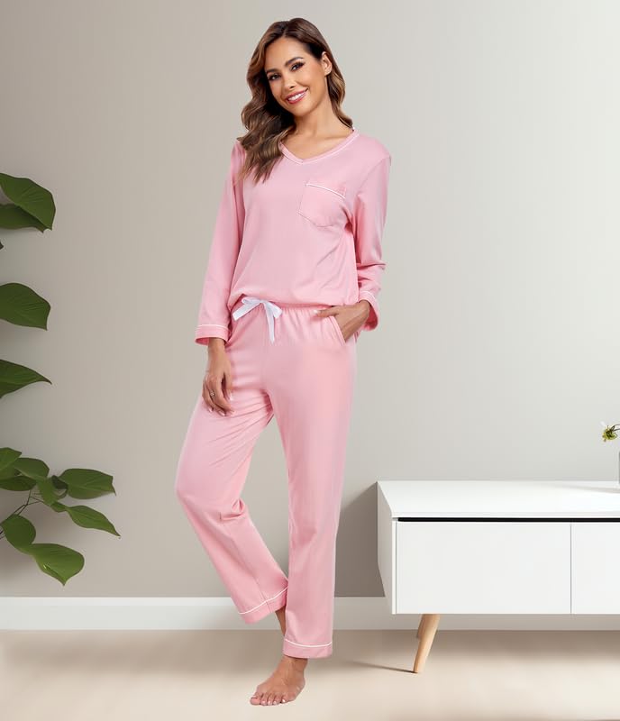 COLORFULLEAF Pijama largo para mujer, 100% algodón, pijama de dos piezas, cuello en V, ropa de dormir de manga larga