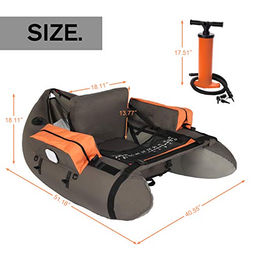 LAZZO Inflatable Fishing Float Tube with Hand Air Pump, Flotation Boat with Orange Storage Pockets, Inflatable Seat and backrest, Fish Ruler, Adjustable Straps, Bearing 286lbs, Gray
