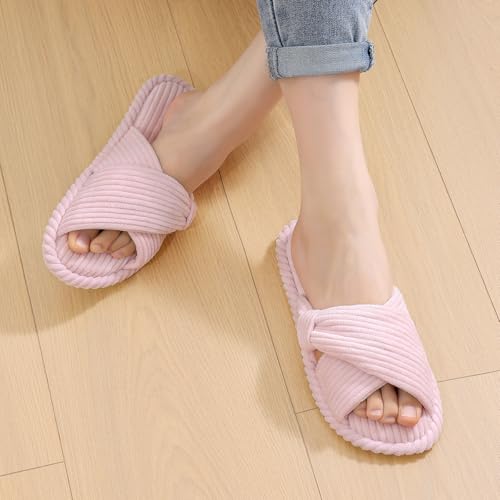 Image of Evshine Summer House Slippers for Women Corduroy Cross Bow Indoor Slippers Open Toe Slip On Bedroom Shoes with Memory Foam