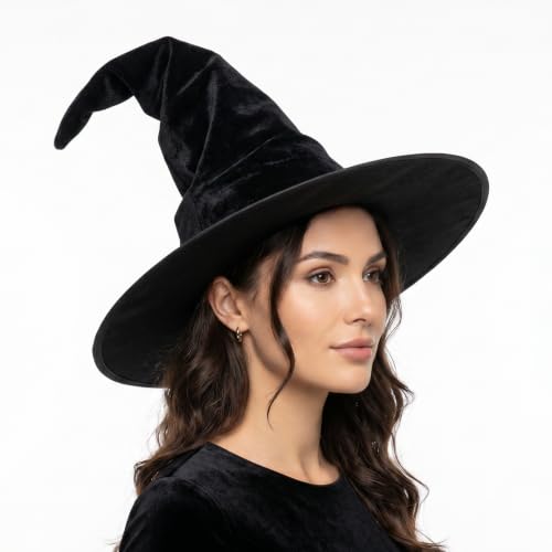 Macuezu Witch Hat for Women Wide Brim Wizard Cap Velvet Black Witches Hat for Cosplay Costume Parties Halloween Character Dress up Headwear