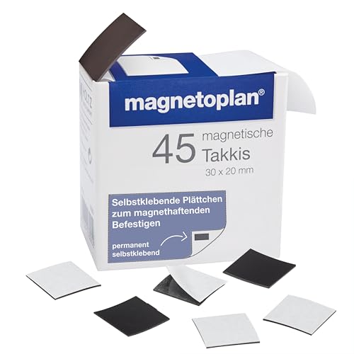 magnetoplan Takkis im Spender 45 Stk.| Magnetplättchen selbstklebend | Flexibles Befestigen für Haushalt + Büro | Ideal als Magnet für Magnettafel | Magnetische Fotoecken selbstklebend | BxH 30x20mm