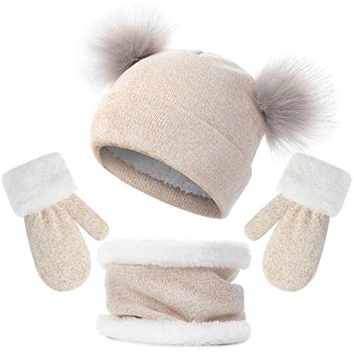 Toddler Winter Hat Scarf Set for Infant Baby Girl Knitted Warm Fleece Lined Skiing Cap Lovely Pompom Kids Beanie 0-24 Months(Beige)