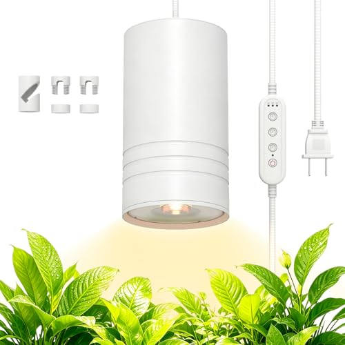 Hanging Grow Lights for Indoor Plants Full Spectrum, COB Pendant Spotlight Plant Grow Light for Large Tall Plant, Garden, Herb, Seed, with Timer and 15ft Braided Cord, 40W 3000K, Full Aluminum White