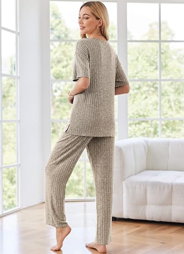 Image of Ekouaer Womens Ribbed Knit Lounge Set Short Sleeve Top and Long Pants Sleepwear Pajama Set Two Piece Matching Outfits Set